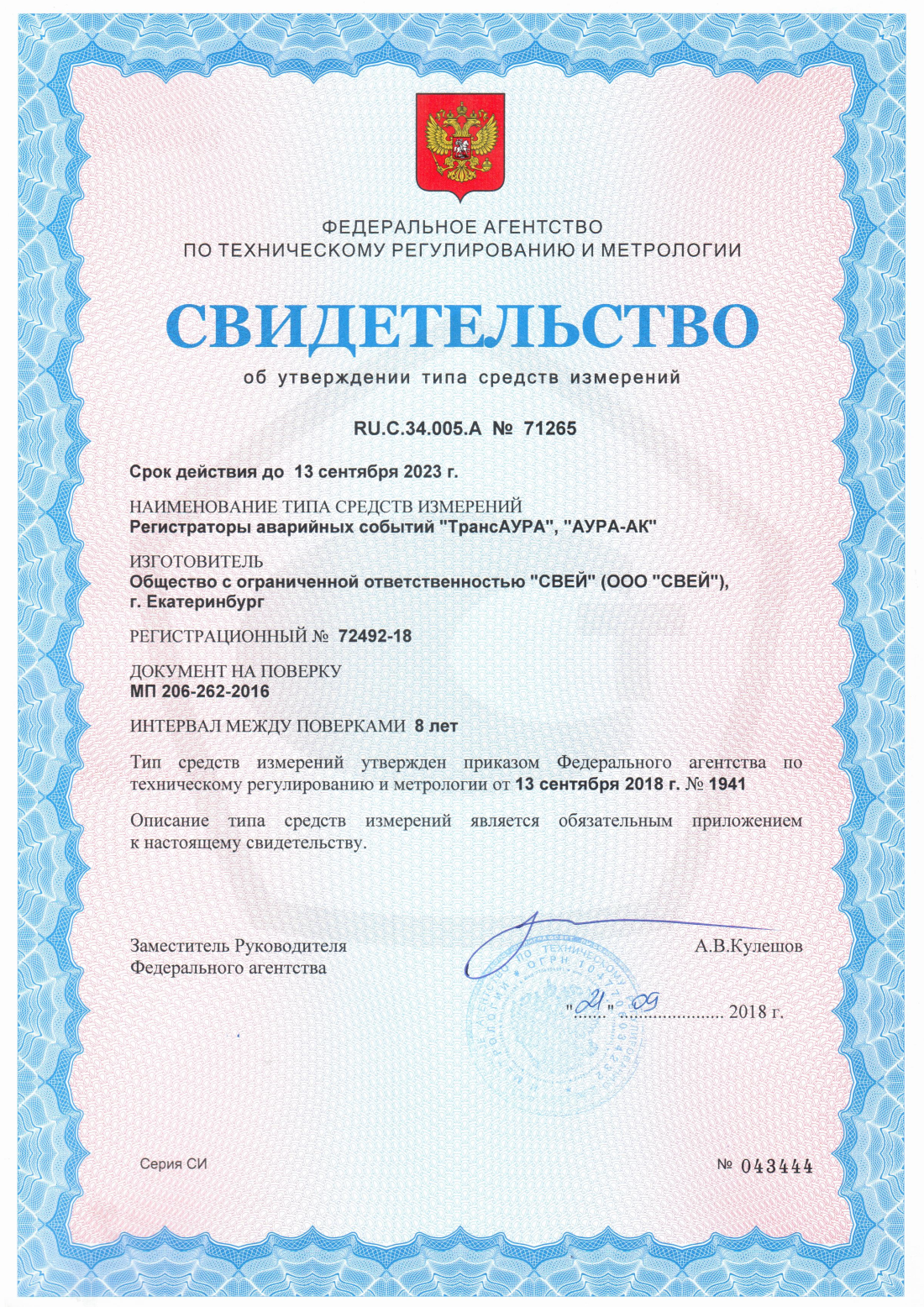 Свидетельство об утверждении типа средств измерений